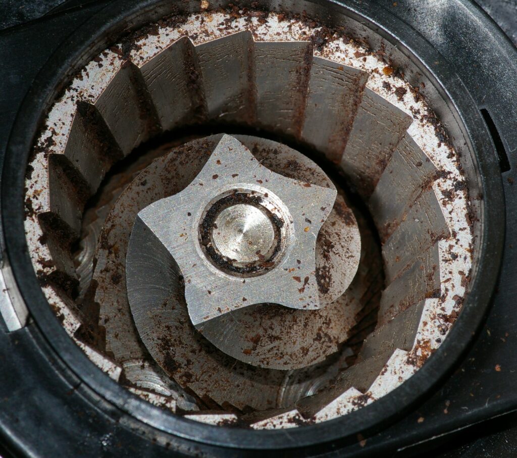 The burr mechanism inside a coffee grinder