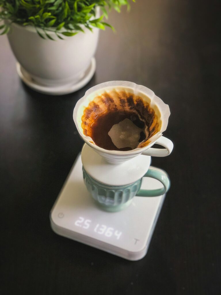 Coffee served in a ceramic cup and saucer
